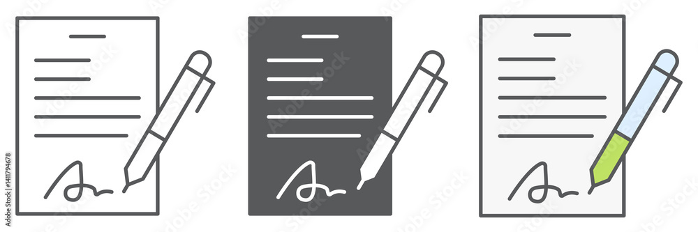 Poster contract icon collection, document with pen and form, signature vector icon set, vector graphics, ed