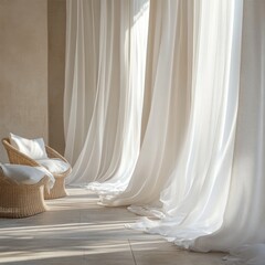 Sheer white curtains flowing gracefully near woven wicker chairs