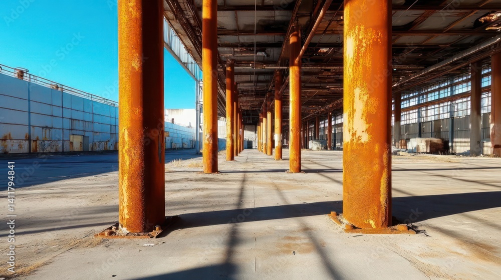 Poster abandoned industrial interior featuring rows of rusted metal support columns under a clear blue sky.