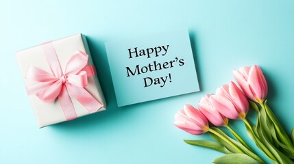 "Happy Mother's Day!" card placed beside a tulip-accompanied gift, highlighting warmth and appreciation for motherhood.