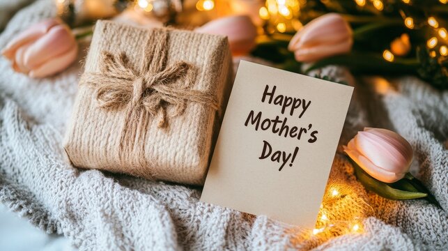 Gift adorned with tulips alongside a "Happy Mother's Day!" card, symbolizing love and gratitude for mothers on the special occasion.
