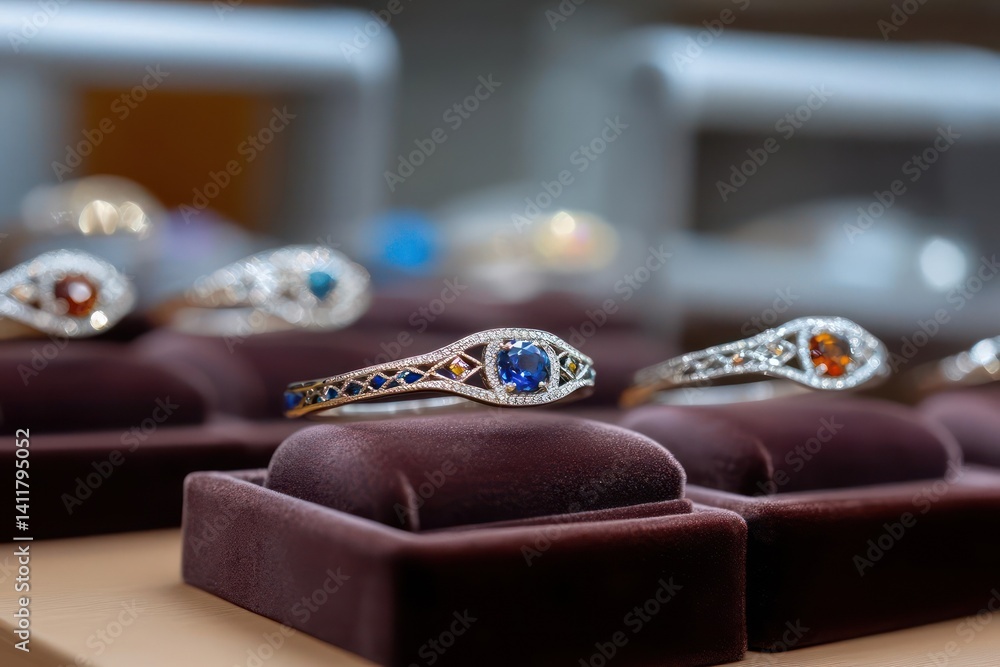 Poster A close-up showcases an array of rings displayed on a brown velvet surface. The focus is on a ring with a square blue stone at its center, surrounded by smaller stones, under bright lighting with a