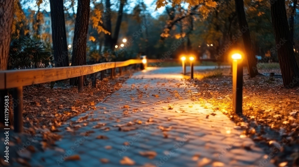 Poster a serene autumn evening view captures a brick pathway illuminated by warm lights, lined with a woode