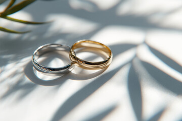 Two wedding bands gold and silver rest on white background leaf shadows