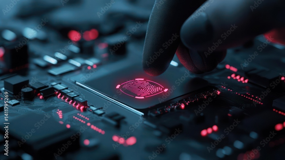 Aufkleber Close-up shot of a gloved hand touching a glowing red microchip on a dark, intricate circuit board. The composition highlights technological precision and the complexity of electronic components