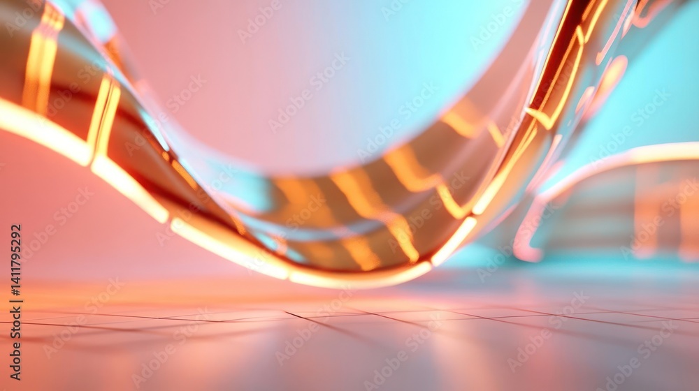 Poster A close-up image showcasing a curved, illuminated structure. The structure is gold and orange, lit by light and standing on a reflective surface. The focus is on the interplay of light and geometric