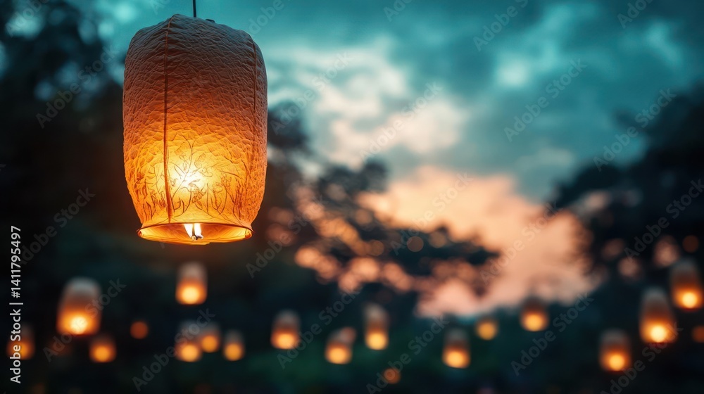 Fototapete a captivating close-up of a glowing lantern with a grainy texture, casting a warm light against a bl