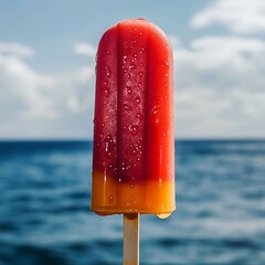 A vibrant red popsicle with no ice cream inside, on the beach in California
