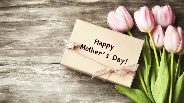 "Happy Mother's Day!" card and tulips beside a gift, symbolizing joy, love, and gratitude for maternal figures.