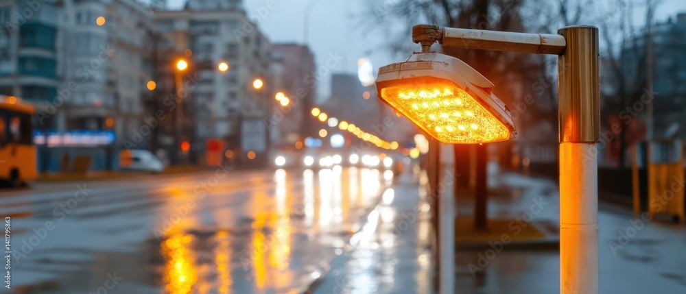 Poster illuminated street lamp shines on a rainy city street with blurred vehicles and buildings in the bac