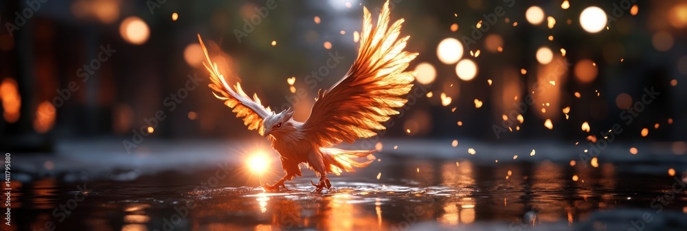 Poster a luminous eagle stands on a wet surface reflecting orange light, its wings partially spread. bokeh 