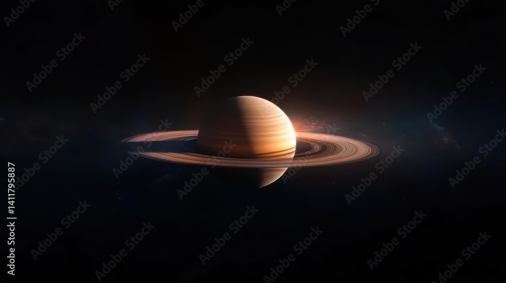 Aufkleber Low-resolution, pixelated style image of a planet resembling a ringed planet with its rings in space, surrounded by a starry background with soft orange and red lighting creating a warm glow around