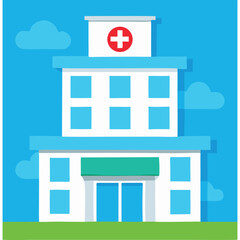Fototapeta premium Simple cartoon illustration of a hospital building against a blue sky.