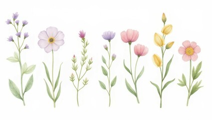 Fototapeta premium Pastel Watercolor Wildflowers Collection