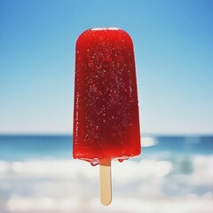 A vibrant red popsicle with no ice cream inside, on the beach in California