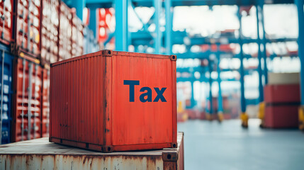 Red "Tax" Container at a Port - Fiscal Policy Concept
