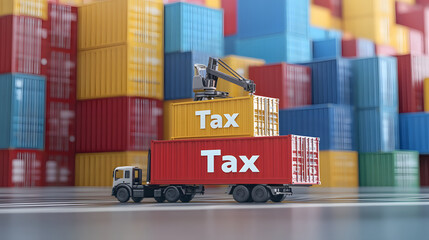 Truck Carrying "Tax" Containers at a Port - Fiscal and Trade
