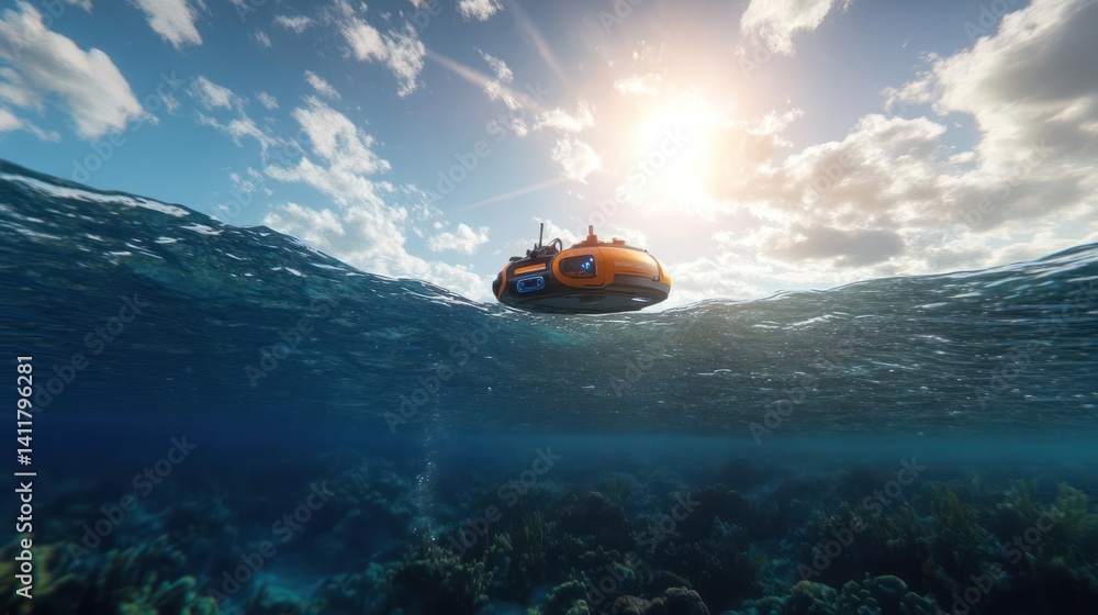 Aufkleber an eye-level shot captures a small yellow submarine floating in crystalline turquoise water. sunligh