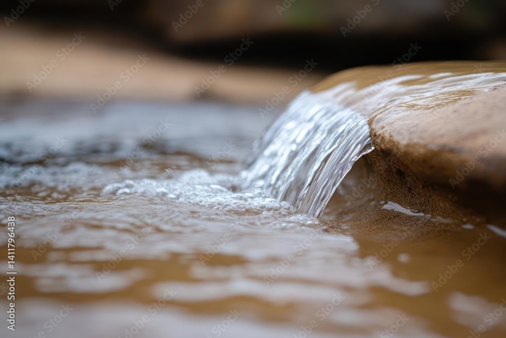 Aufkleber close up shot capturing a small waterfall cascading over a flat rock into a shallow stream. the wate