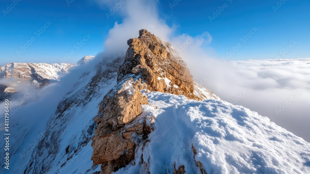 Poster a breathtaking view of a snow-covered mountain peak against a blue sky with wispy clouds. the rugged
