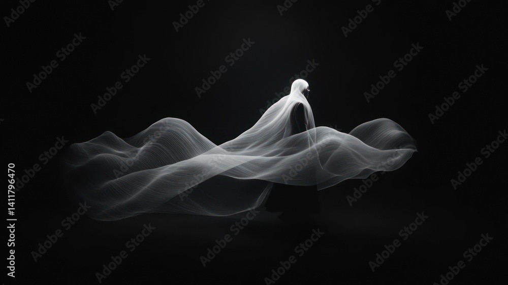 Aufkleber Abstract digital image showcasing a figure draped in a flowing, white, pixelated cloth standing on a wavy, pixelated surface against a stark black background. The overall effect is ethereal and