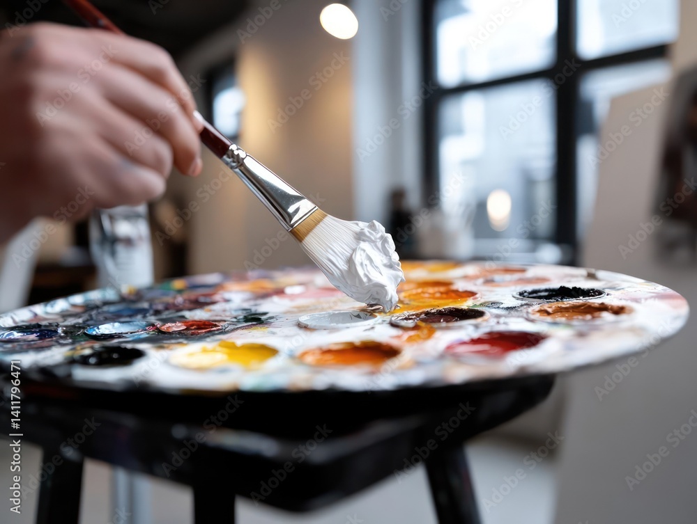Poster A person dips a paintbrush into white paint on a colorful palette. The palette is set on a small wooden stool in an art studio with natural lighting from a nearby window. Focus is on the brush and