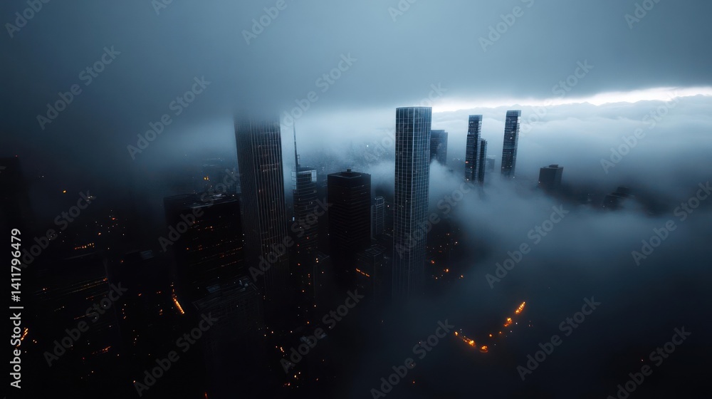 Aufkleber dramatic cityscape enveloped in thick fog, featuring tall skyscrapers emerging through the low-lying