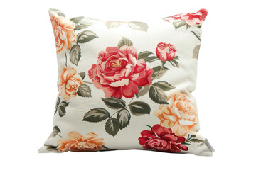 A colorful floral cushion with roses, adding warmth to a cozy living room setting during a bright afternoon isolated on transparent background