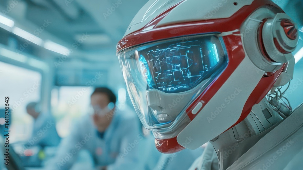 Poster close up shot of a person in a white space suit with red accents, visor reflecting blue lights, in a