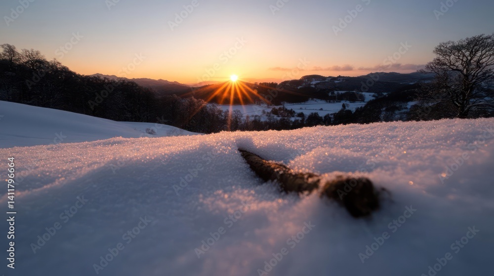 Fototapete sunburst over a vast snow field with a fallen branch, captured in a horizontal outdoor shot. the war