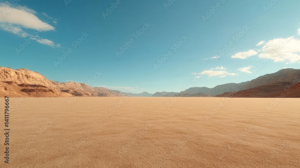 Poster expansive view of a desolate landscape under a clear blue sky with scattered clouds. the foreground 