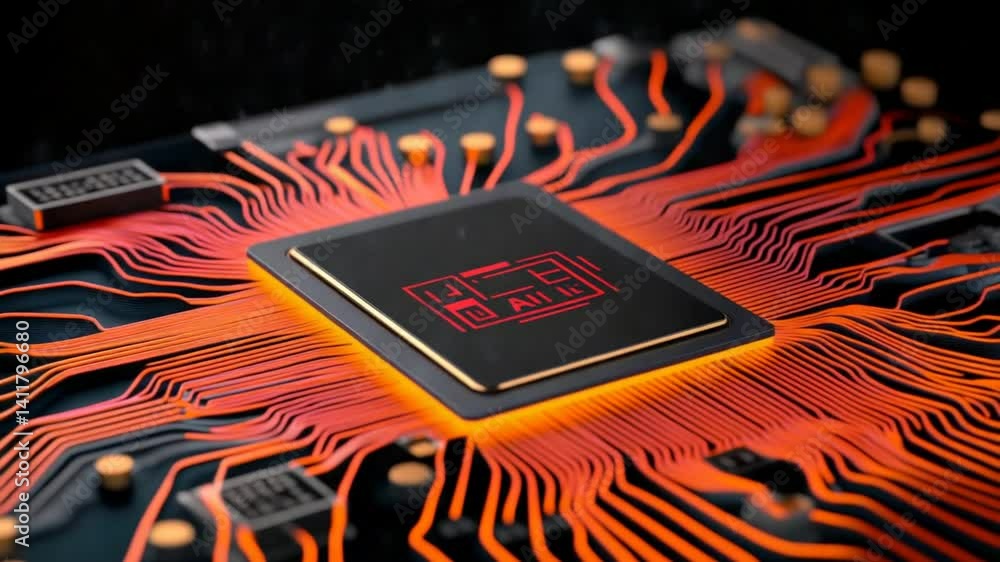 Poster central processing unit on a circuit board with glowing orange lines and modern technology design