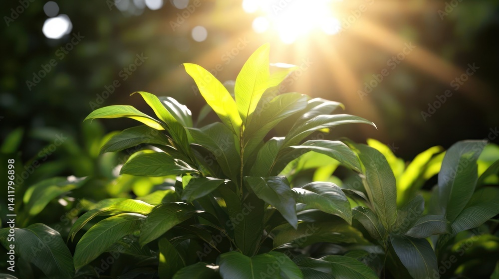 Poster a close-up shot focuses on vibrant green leaves bathed in the golden sunlight. the sharp focus captu