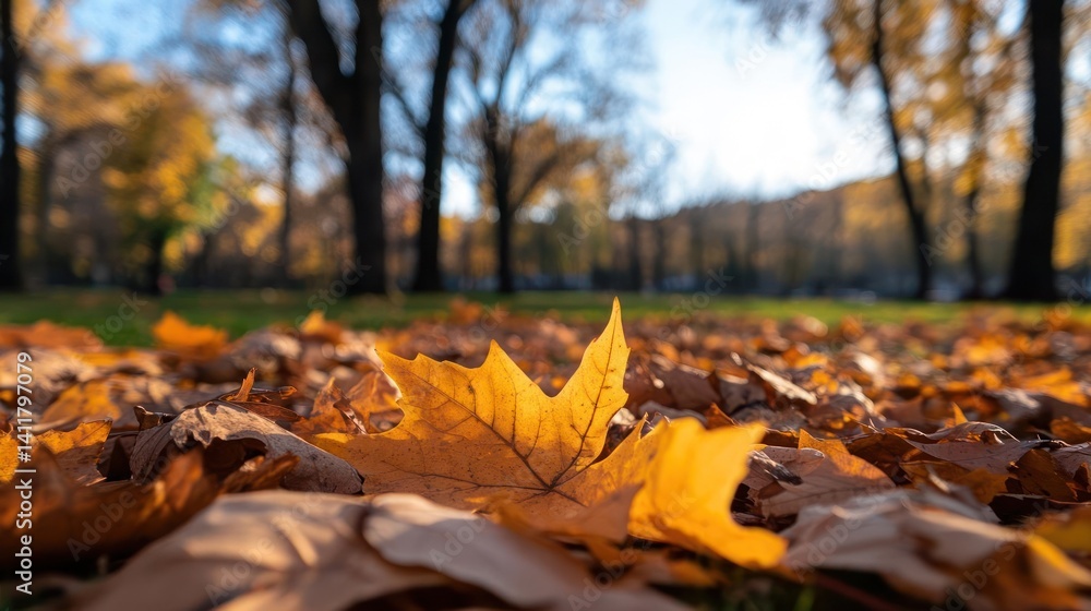 Poster close up of vibrant autumn leaves on a grassy field with blurred trees in the background, showcasing