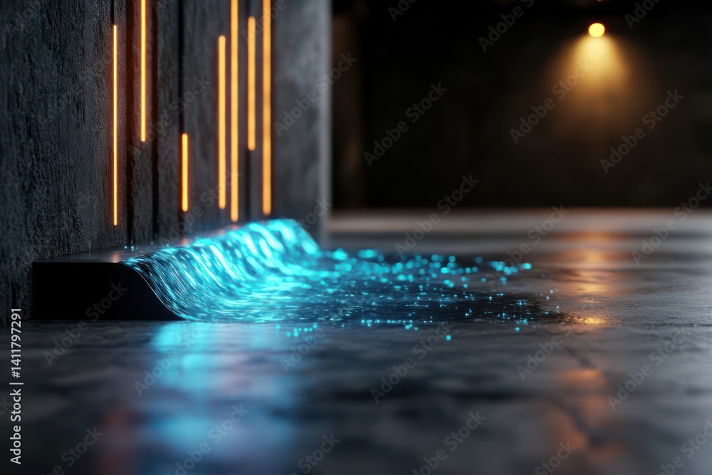 Leinwandbilder abstract image features flowing, luminous blue liquid cascading over a dark surface in a dim, indust