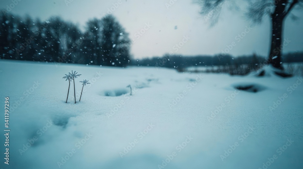 Poster winter landscape with a blanket of snow covering the ground. footprints lead through the field towar