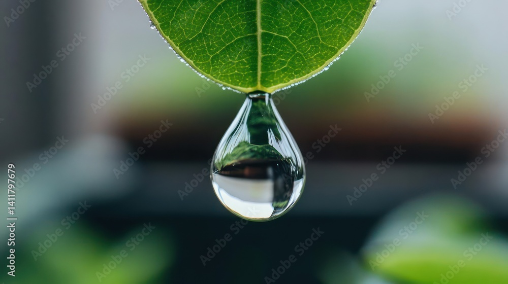 Aufkleber macro shot capturing a water droplet hanging from a green leaf, reflecting the surrounding foliage. 