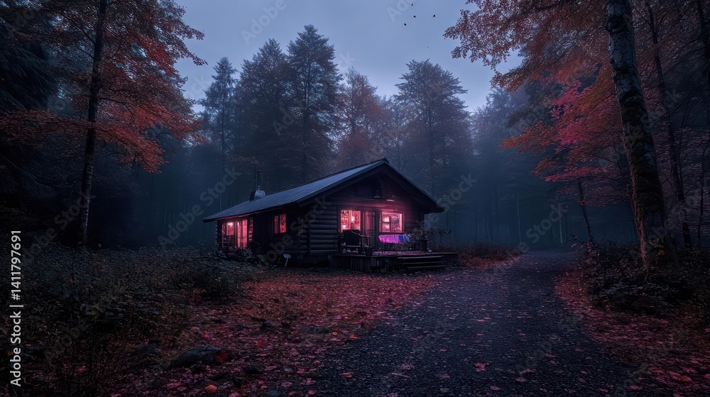 Poster cozy log cabin nestled in a misty autumnal forest. warm light emanates from the cabin windows, illum