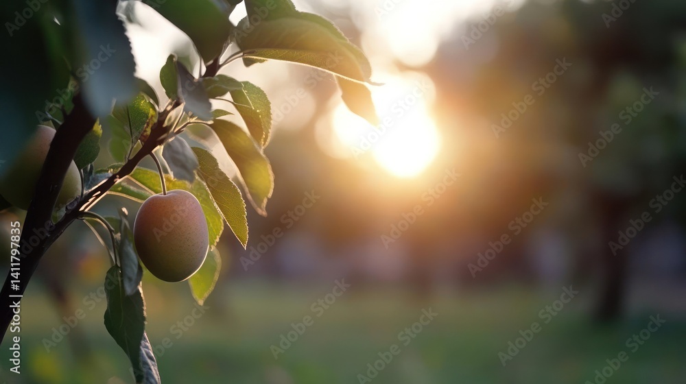 Aufkleber a single plum hangs from a branch, illuminated by the golden glow of the setting sun. bokeh highligh