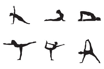 Yoga woman poses icons set.  young woman doing yoga & fitness exercises. Healthy lifestyle. Set of vector silhouette illustrations design isolated  .