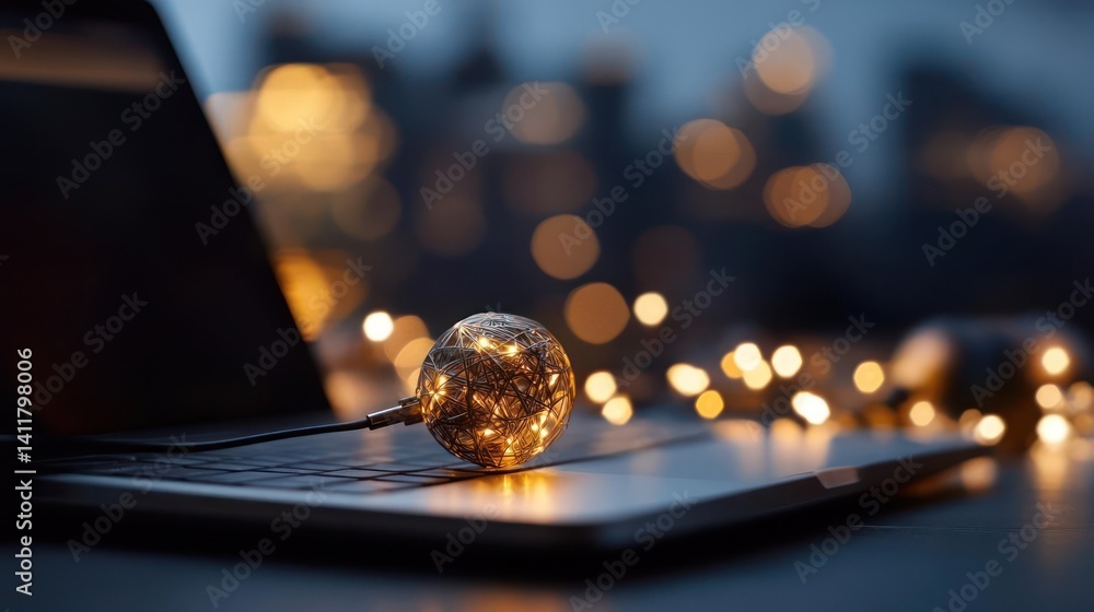 Fototapete a close-up features a sparkling golden ornament resting on a laptop, illuminated by bokeh lights in 