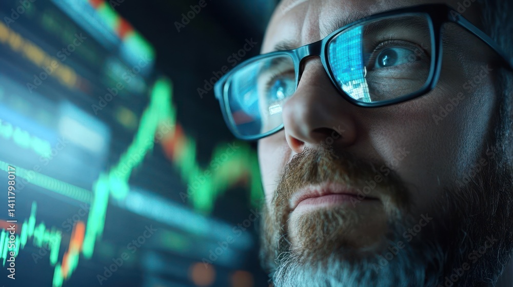 Poster Close up of a man wearing glasses looking at a financial chart display. Graph lines with a green and red color on a screen. The image showcases a professional analyzing data in blue lighting