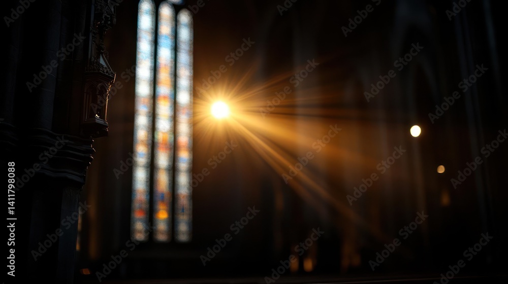 Poster Sunlight streams through a stained glass window in a dimly lit, gothic-style cathedral interior. Light flares create a dramatic effect, illuminating dust particles in the air. Architectural details