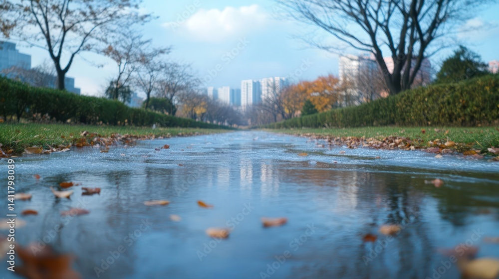Poster scenic view of a reflective puddle lined with fallen leaves, capturing the urban landscape of buildi