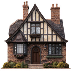 Obraz premium Charming Tudor-style house with a brick facade and cozy ambiance isolated on a transparent background