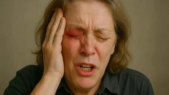 headache, cluster, swelling, redness, eye, crying, grimace, male, distress, tear, face, hand, agony, suffering, tension, expression, emotion, discomfort, stress, pain, woman, screaming, scream, head