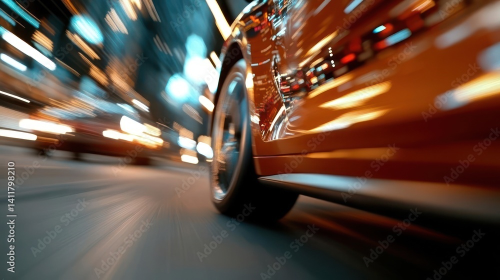 Poster close up of a blurred orange car driving fast on a wet asphalt road at night with bokeh light backgr