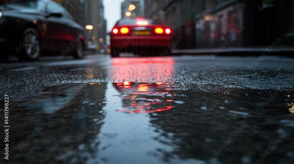 Poster street level view of rain soaked pavement reflecting car lights in an urban setting. cars are in the