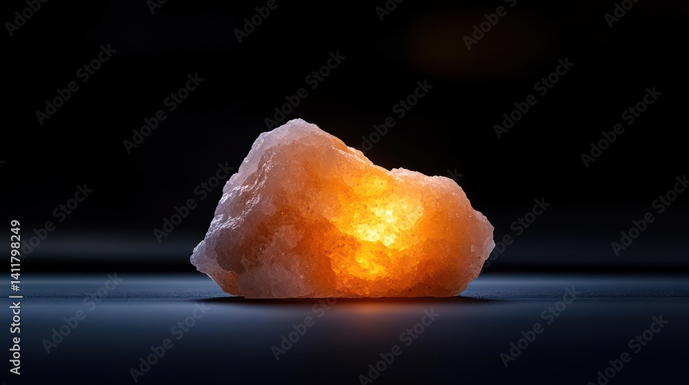 Aufkleber close-up shot featuring a pink salt rock illuminated from within, set against a dark, blurred backdr