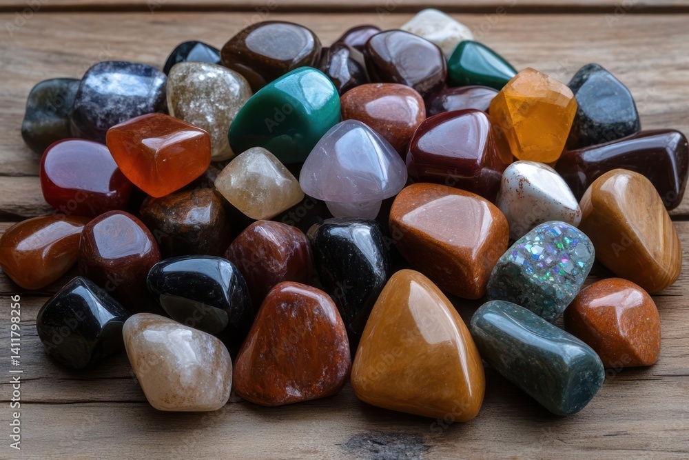 Poster an overhead shot features a vibrant cluster of tumbled stones in various colors and shapes, set agai